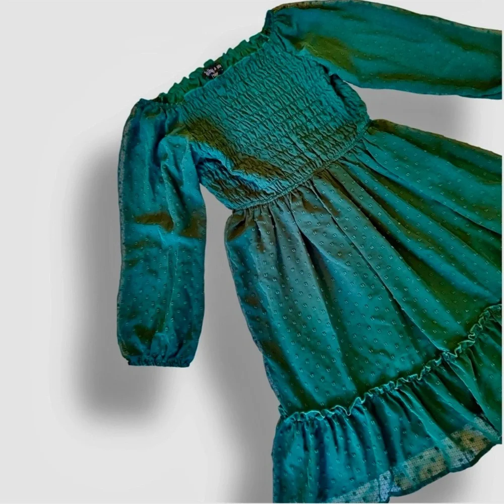 AVA & YELLY Girls Swiss Dot Smocked Semi-Sheer Dark Green Long Sleeve Midi Dress